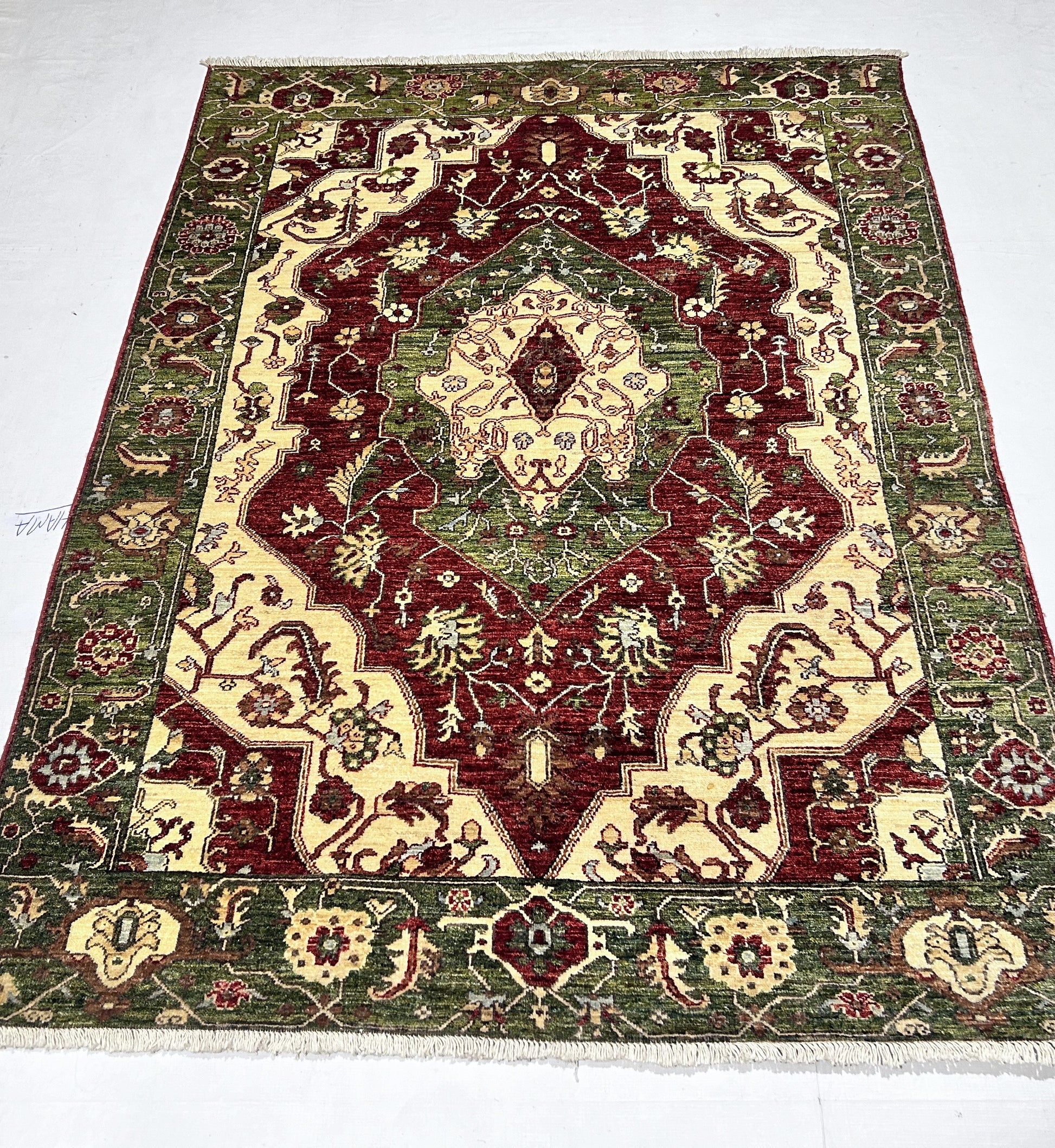 red & green premium handwoven pure wool chobrang rug, 5ft 1in x 6ft 10in