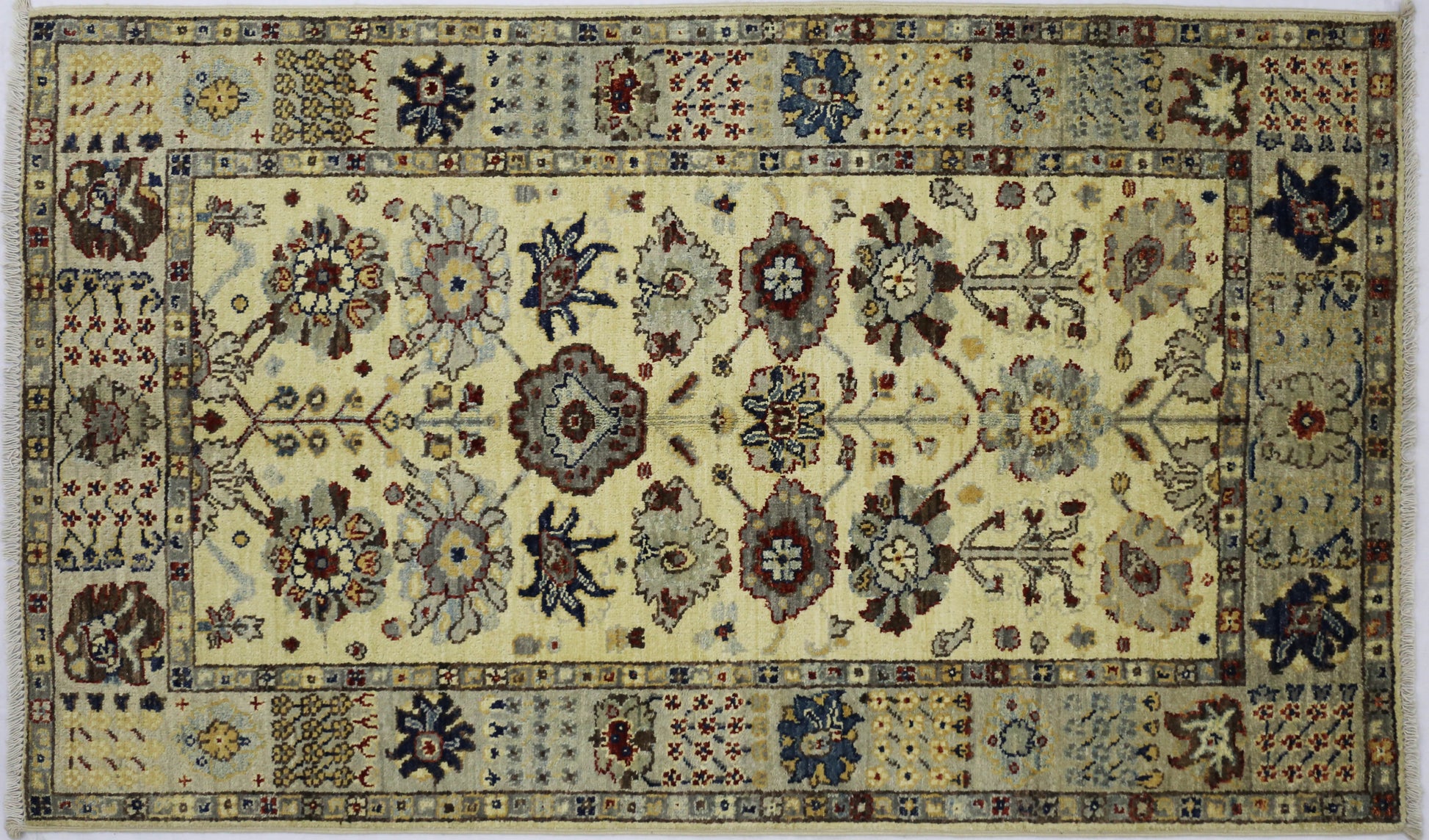 cream & silver premium handwoven pure wool chobrang rug, 2ft 11in x 4ft 11in