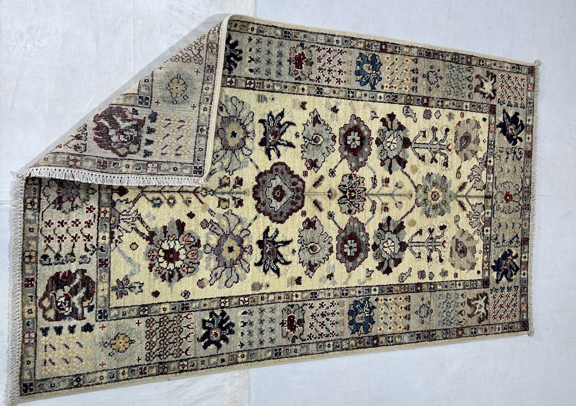 cream & silver premium handwoven pure wool chobrang rug, 2ft 11in x 4ft 11in