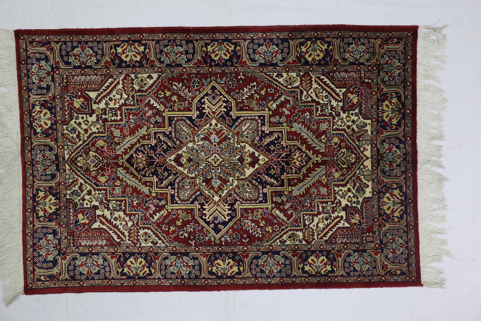 red & navy blue premium handwoven pure wool persian rug, 4ft 0in x 6ft 2in