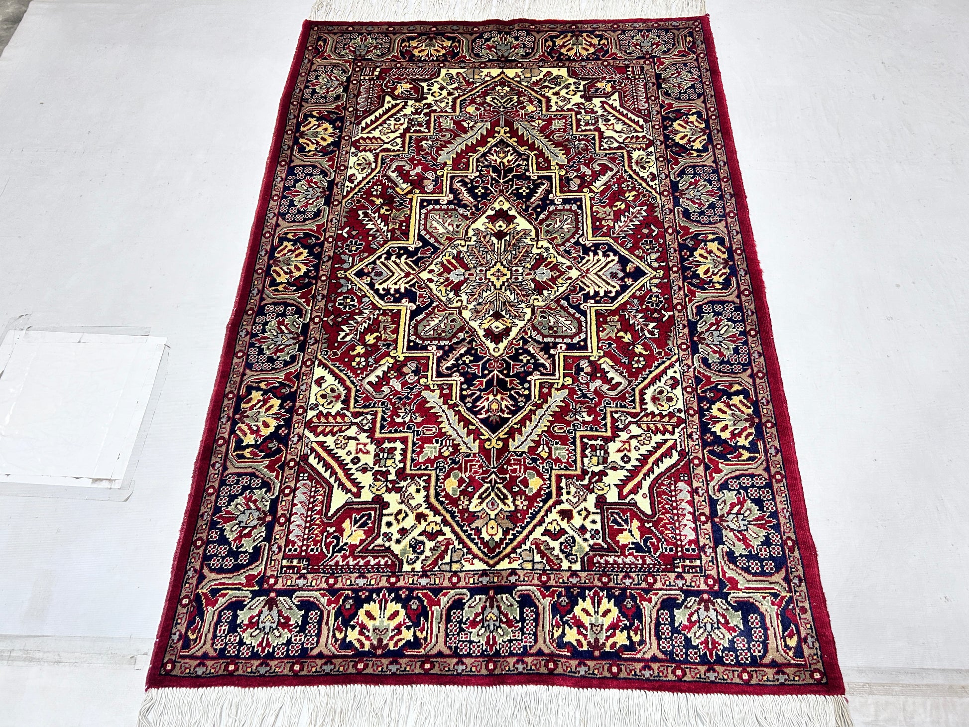 red & navy blue premium handwoven pure wool persian rug, 4ft 0in x 6ft 2in