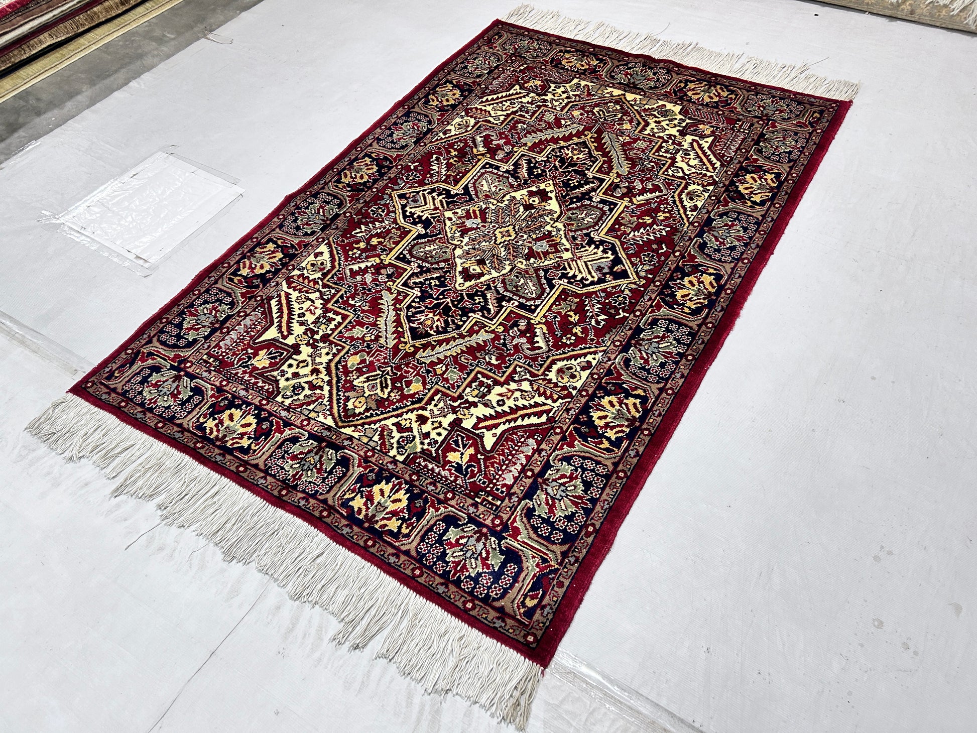 red & navy blue premium handwoven pure wool persian rug, 4ft 0in x 6ft 2in