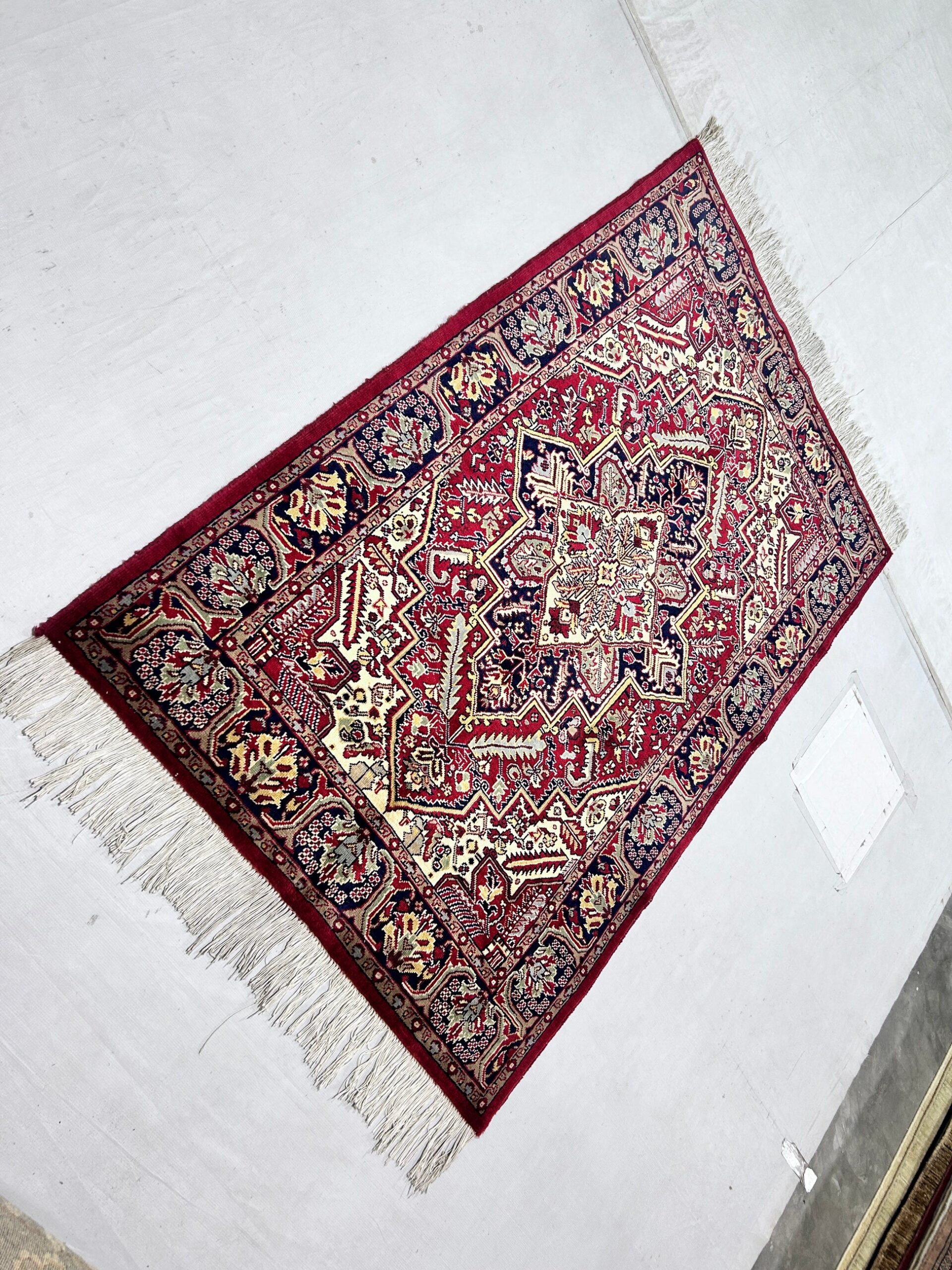 red & navy blue premium handwoven pure wool persian rug, 4ft 0in x 6ft 2in