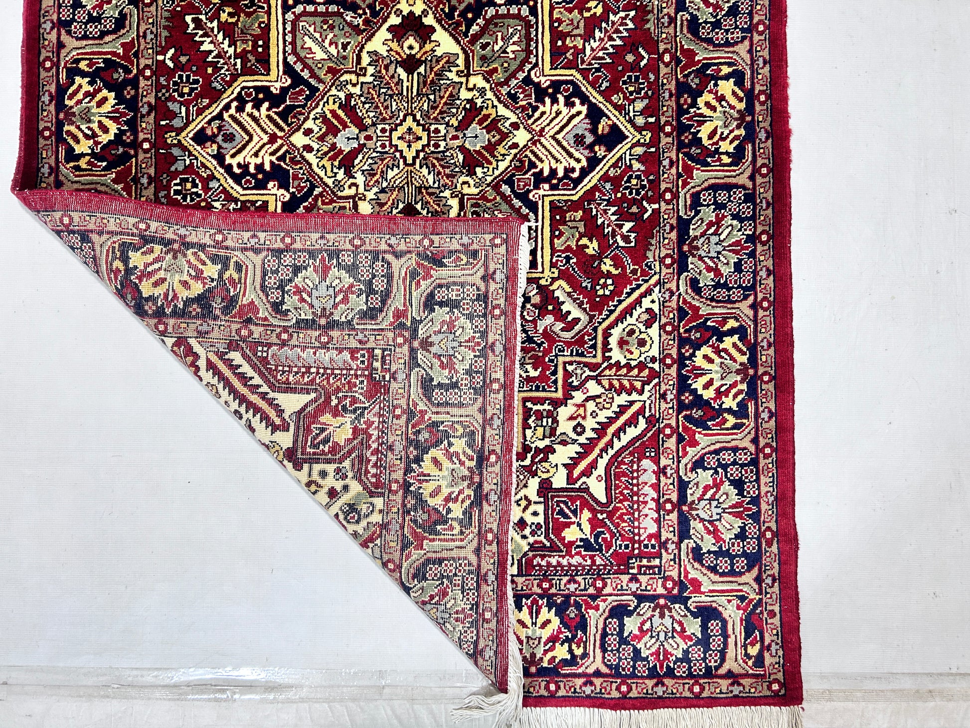 red & navy blue premium handwoven pure wool persian rug, 4ft 0in x 6ft 2in