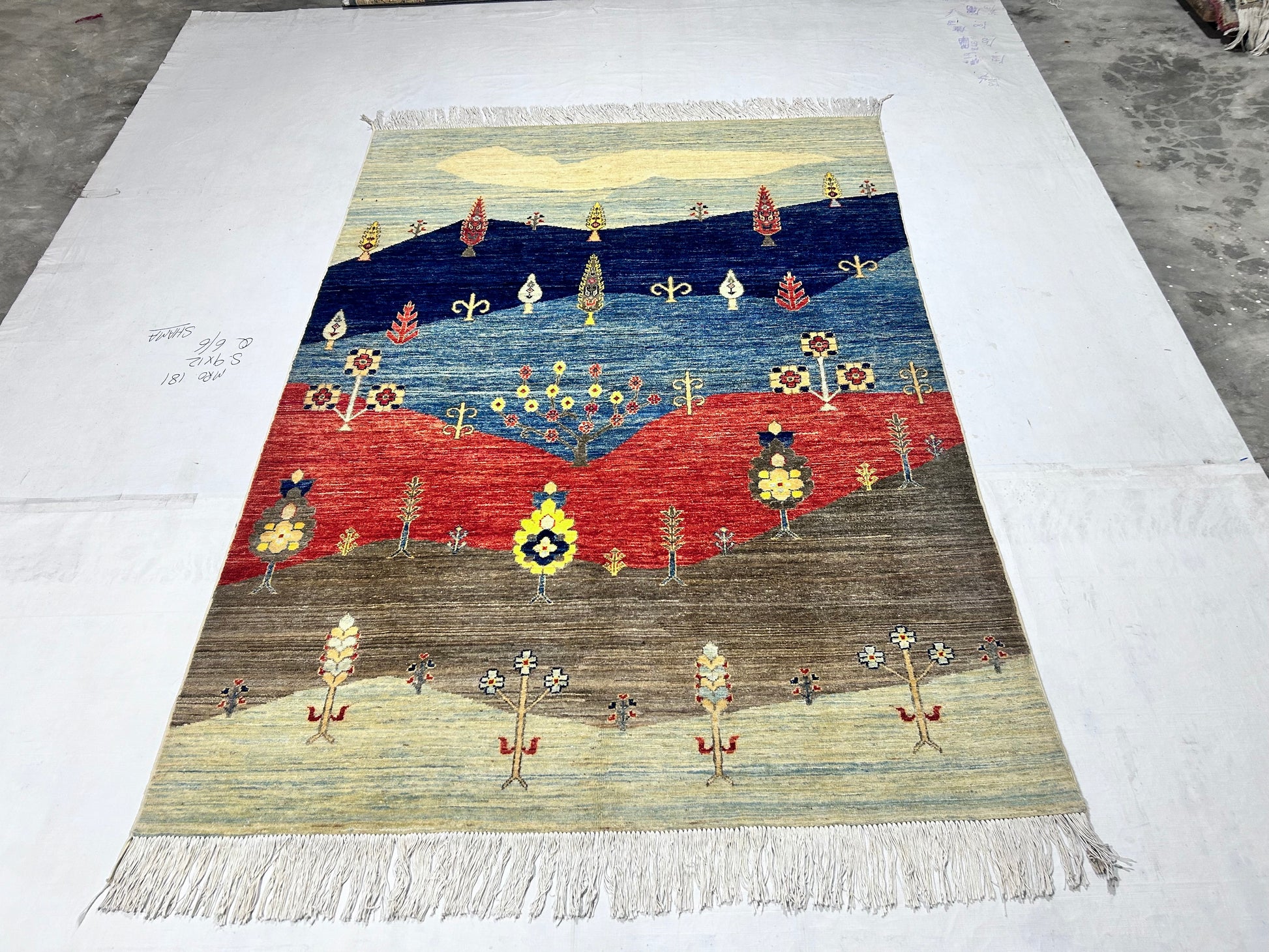sky blue & red premium handwoven pure wool chobrang rug, 5ft 3in x 8ft 3in
