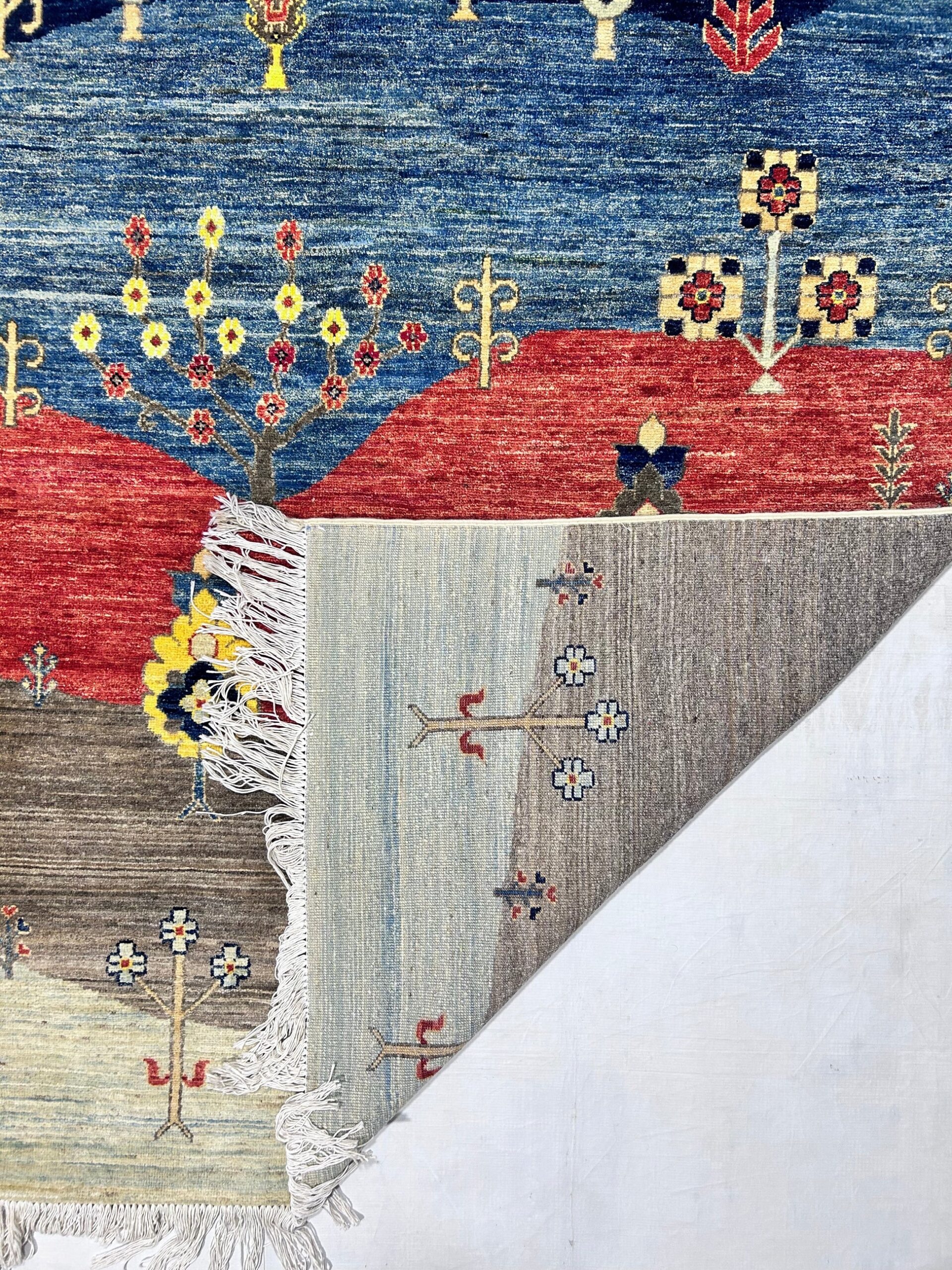sky blue & red premium handwoven pure wool chobrang rug, 5ft 3in x 8ft 3in