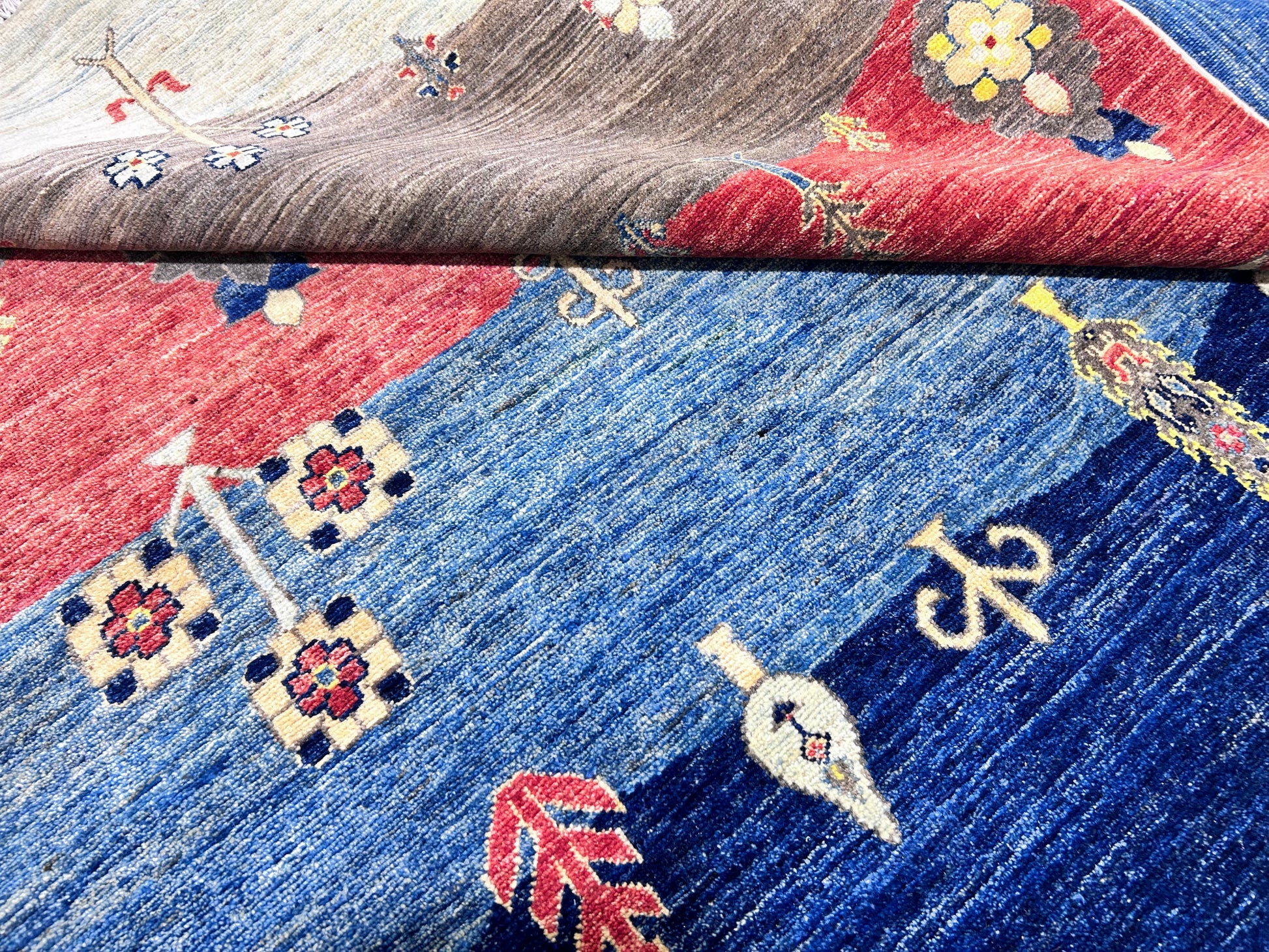 sky blue & red premium handwoven pure wool chobrang rug, 5ft 3in x 8ft 3in