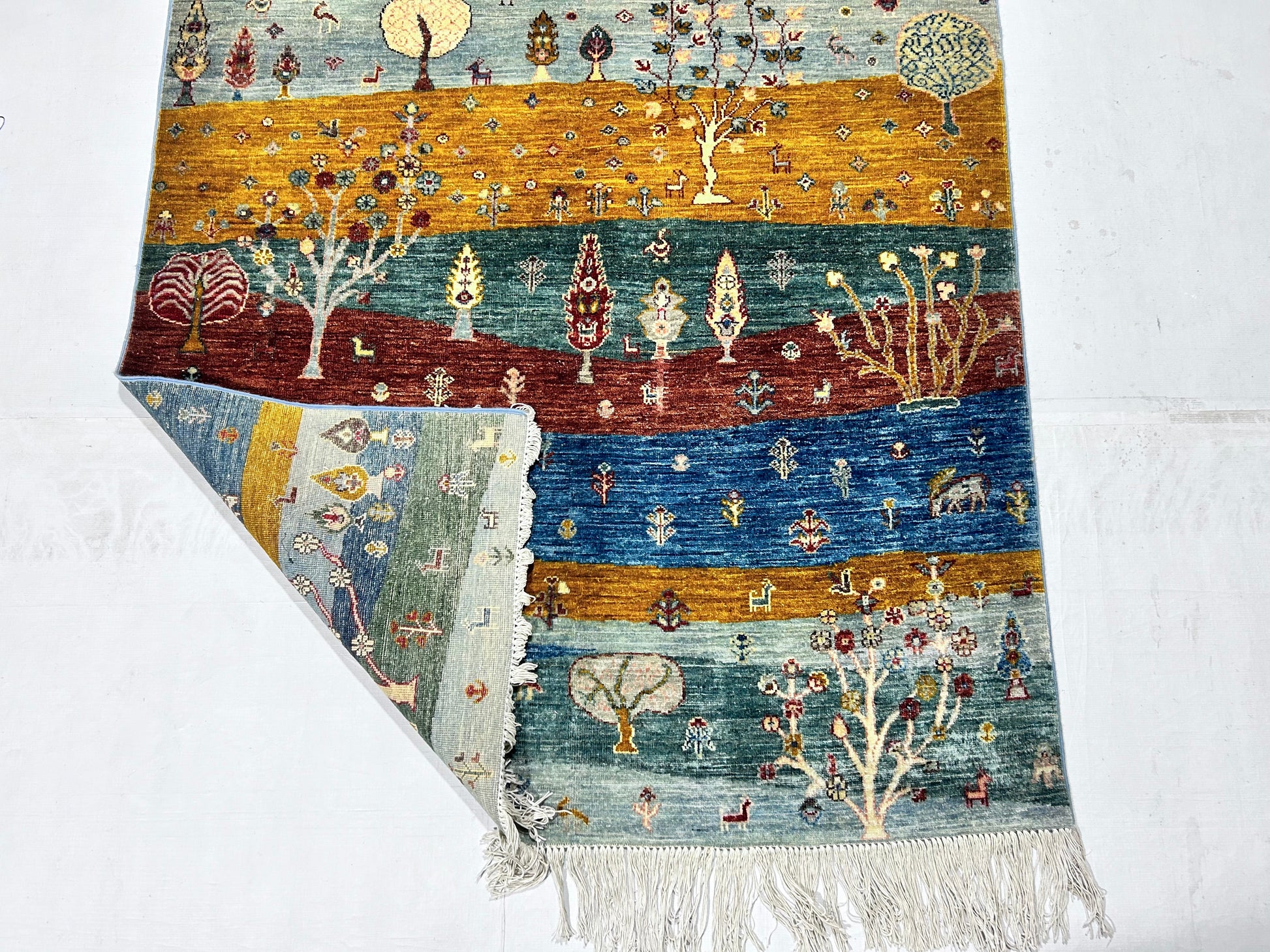 green & gold premium handwoven pure wool gaba rug, 4ft 11in x 6ft 6in