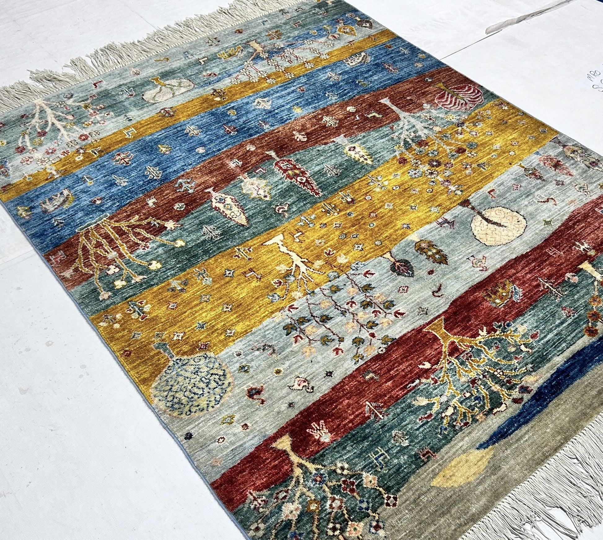 green & gold premium handwoven pure wool gaba rug, 4ft 11in x 6ft 6in