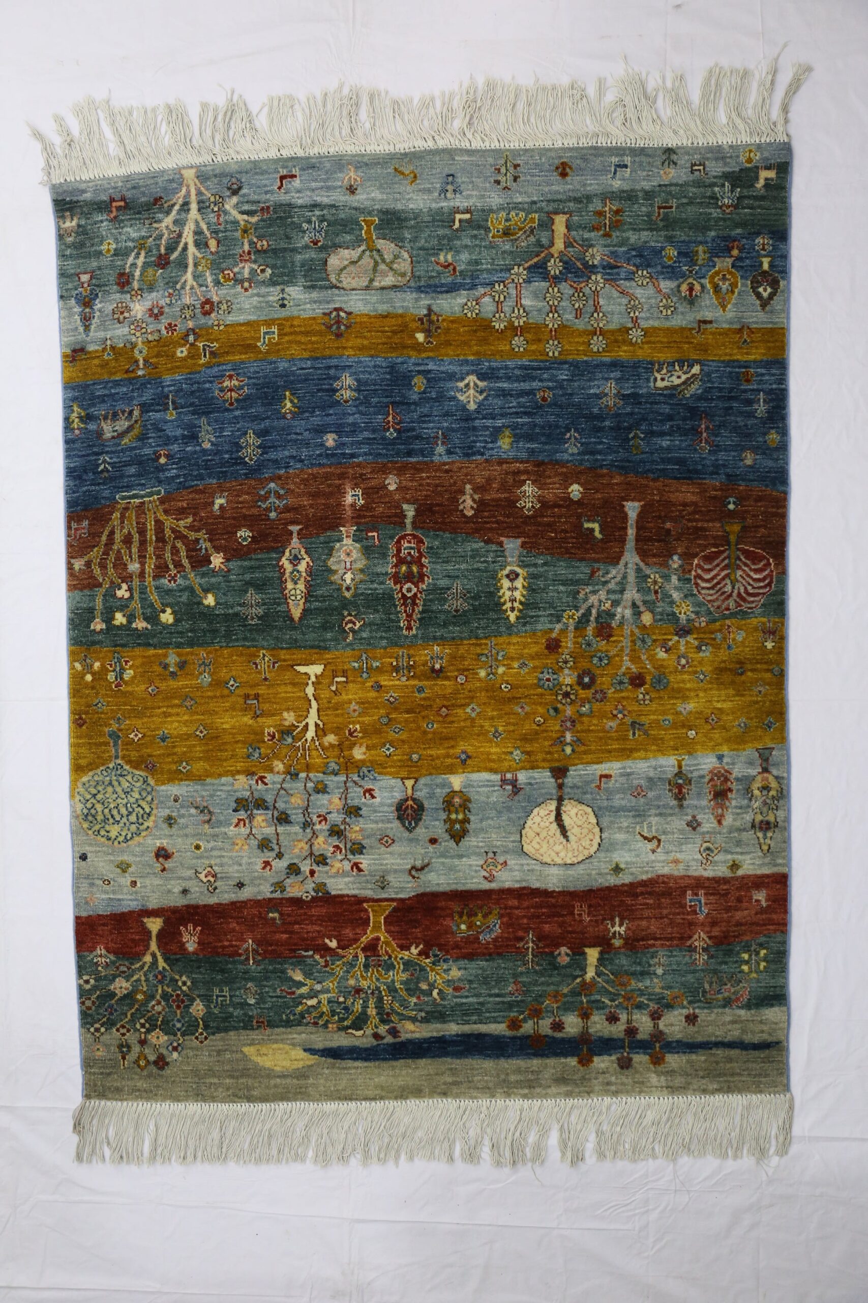 green & gold premium handwoven pure wool gaba rug, 4ft 11in x 6ft 6in