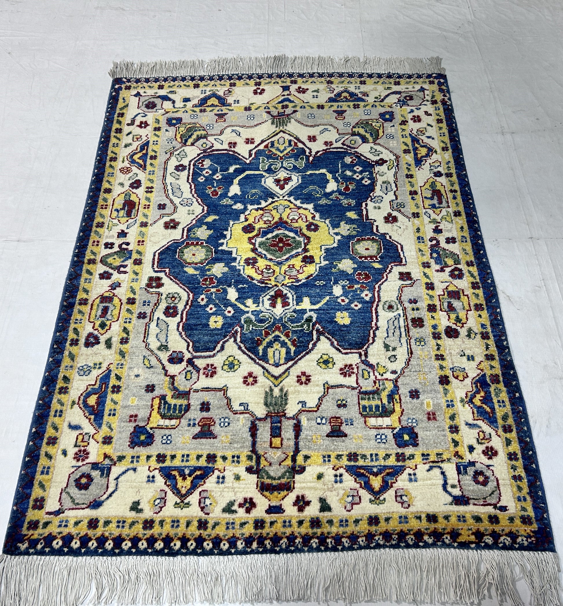 navy blue & ivory premium handwoven pure wool chobrang rug, 3ft 3in x 4ft 6in