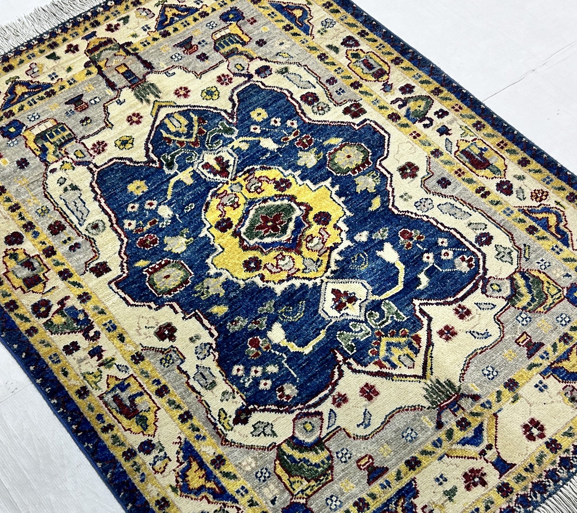 navy blue & ivory premium handwoven pure wool chobrang rug, 3ft 3in x 4ft 6in
