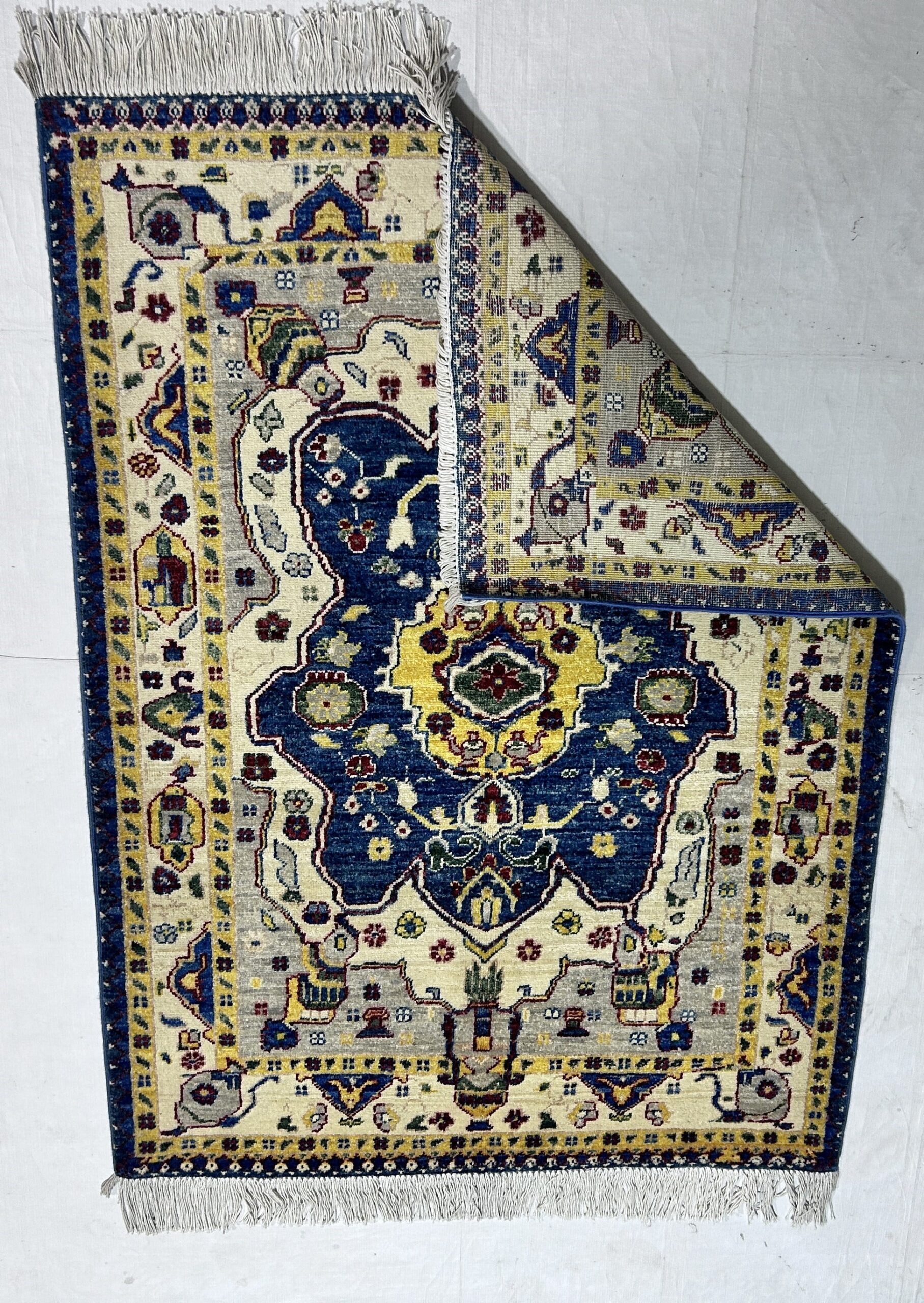 navy blue & ivory premium handwoven pure wool chobrang rug, 3ft 3in x 4ft 6in