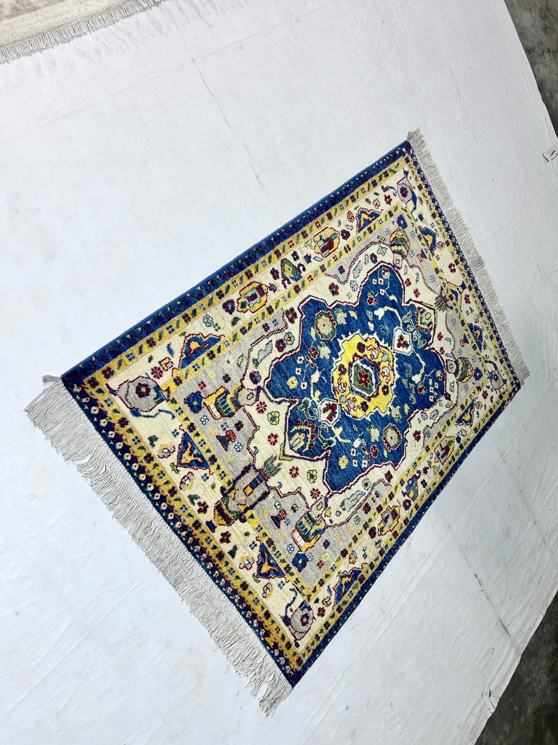 navy blue & ivory premium handwoven pure wool chobrang rug, 3ft 3in x 4ft 6in