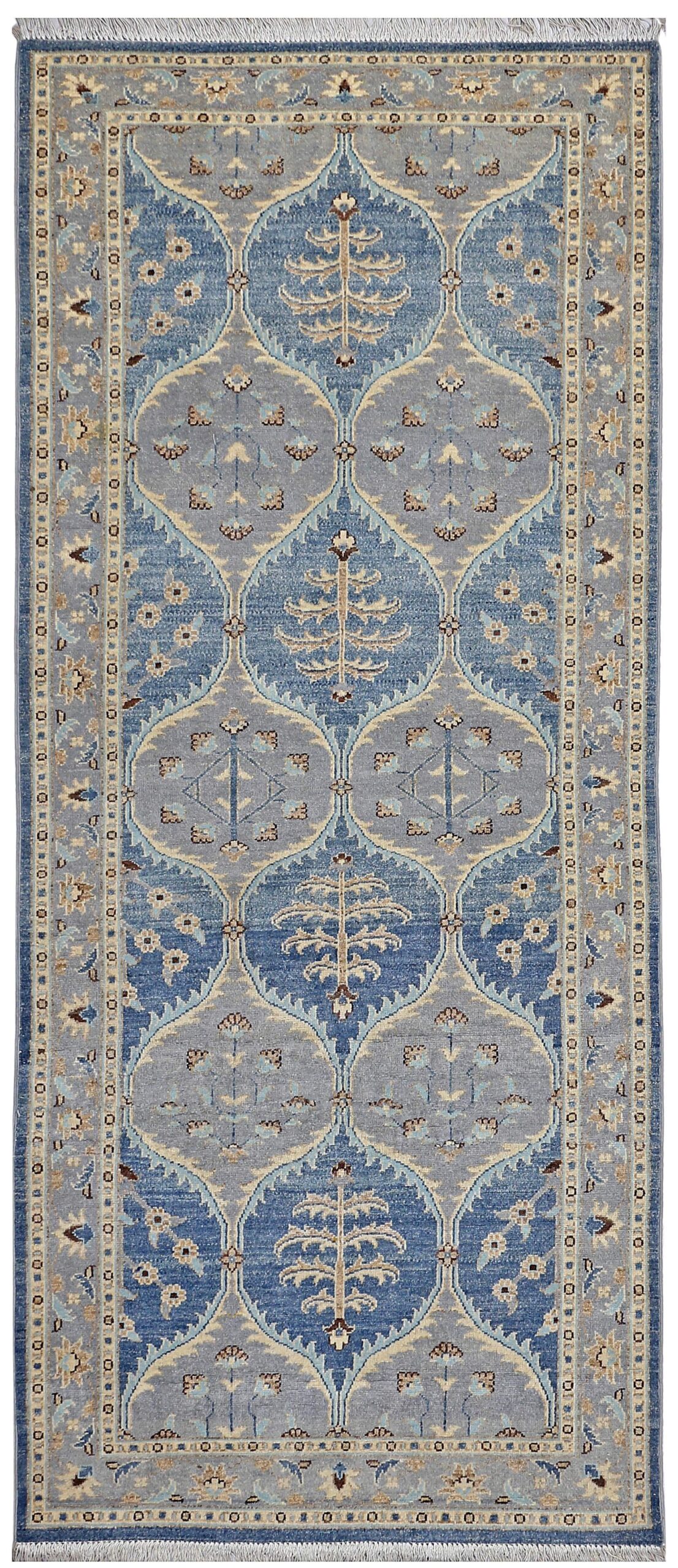 blue & silver premium handwoven pure wool chobrang rug, 3ft 4in x 7ft 11in