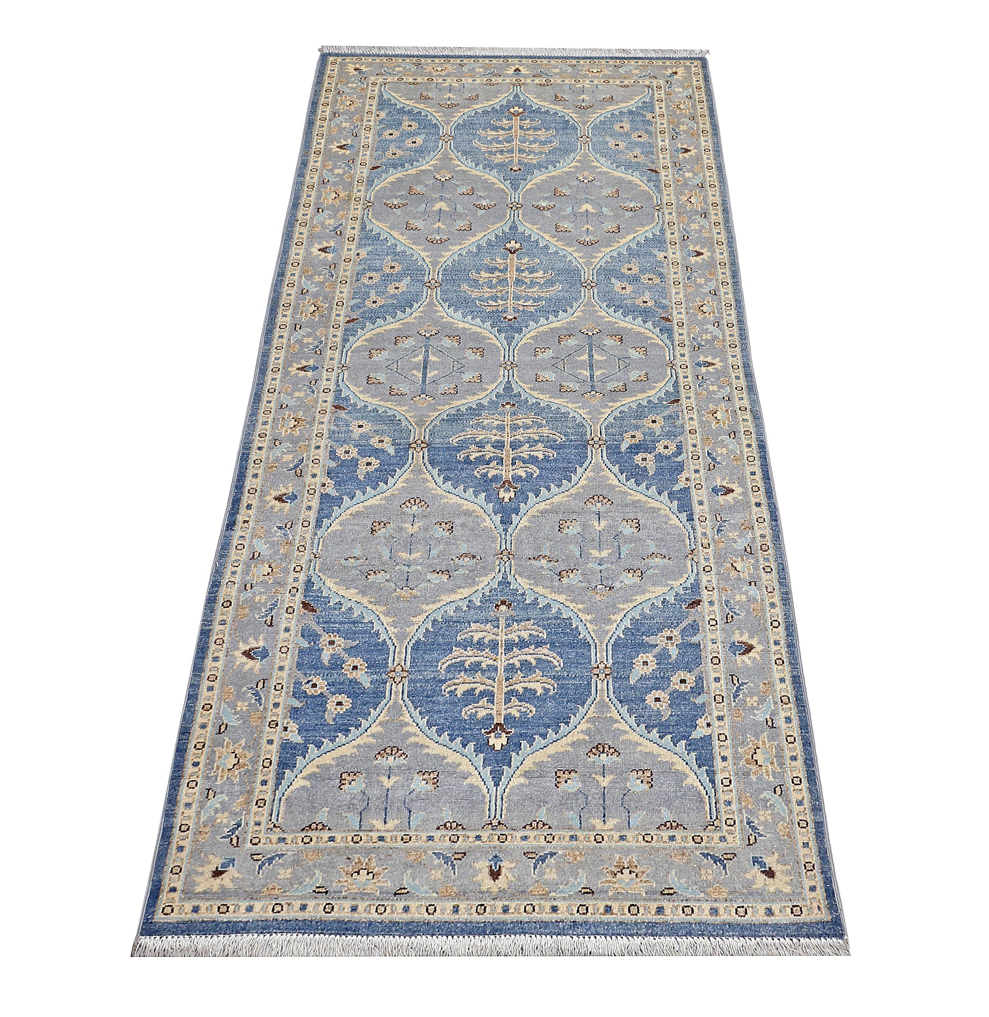 blue & silver premium handwoven pure wool chobrang rug, 3ft 4in x 7ft 11in