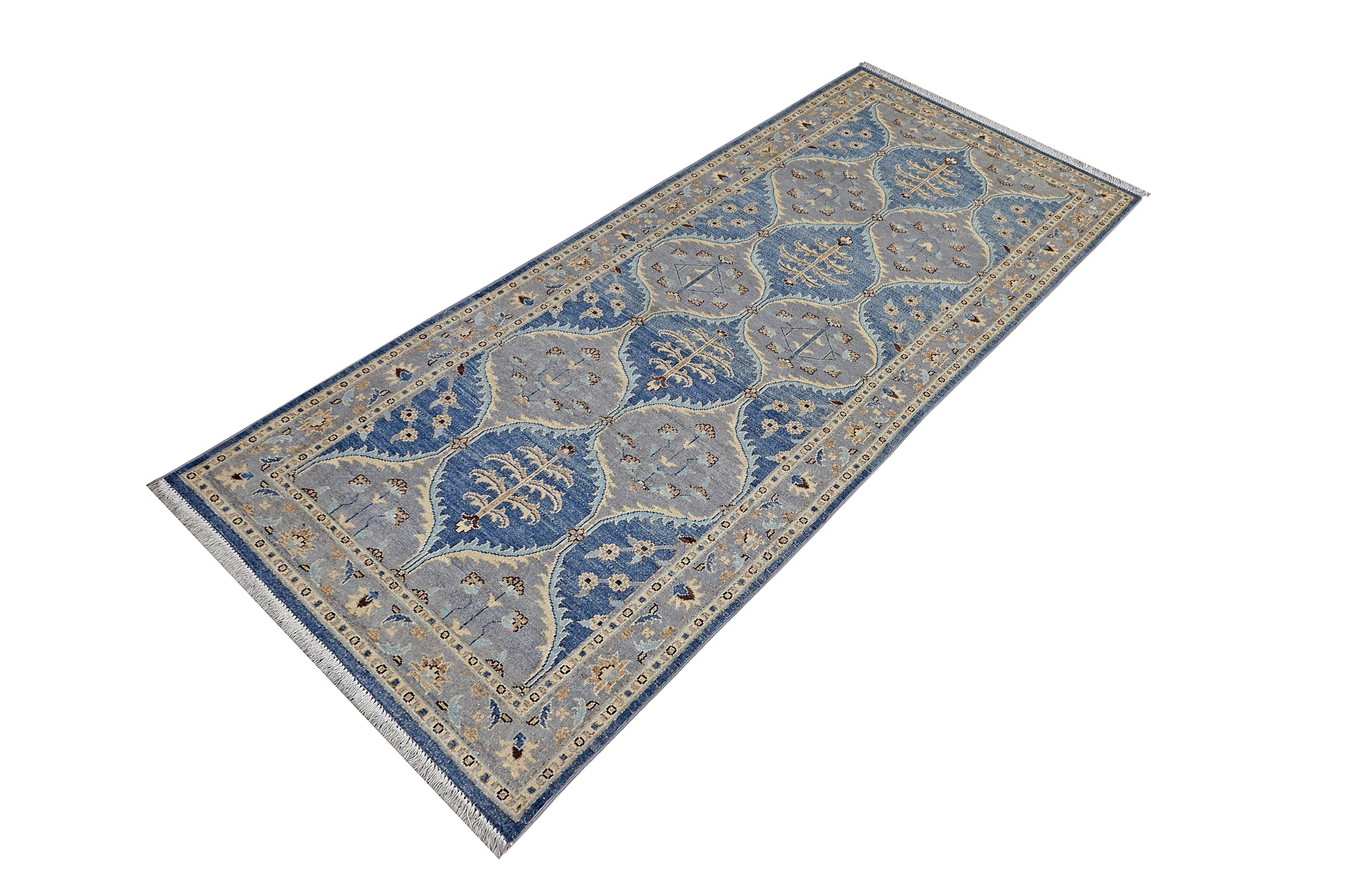 blue & silver premium handwoven pure wool chobrang rug, 3ft 4in x 7ft 11in