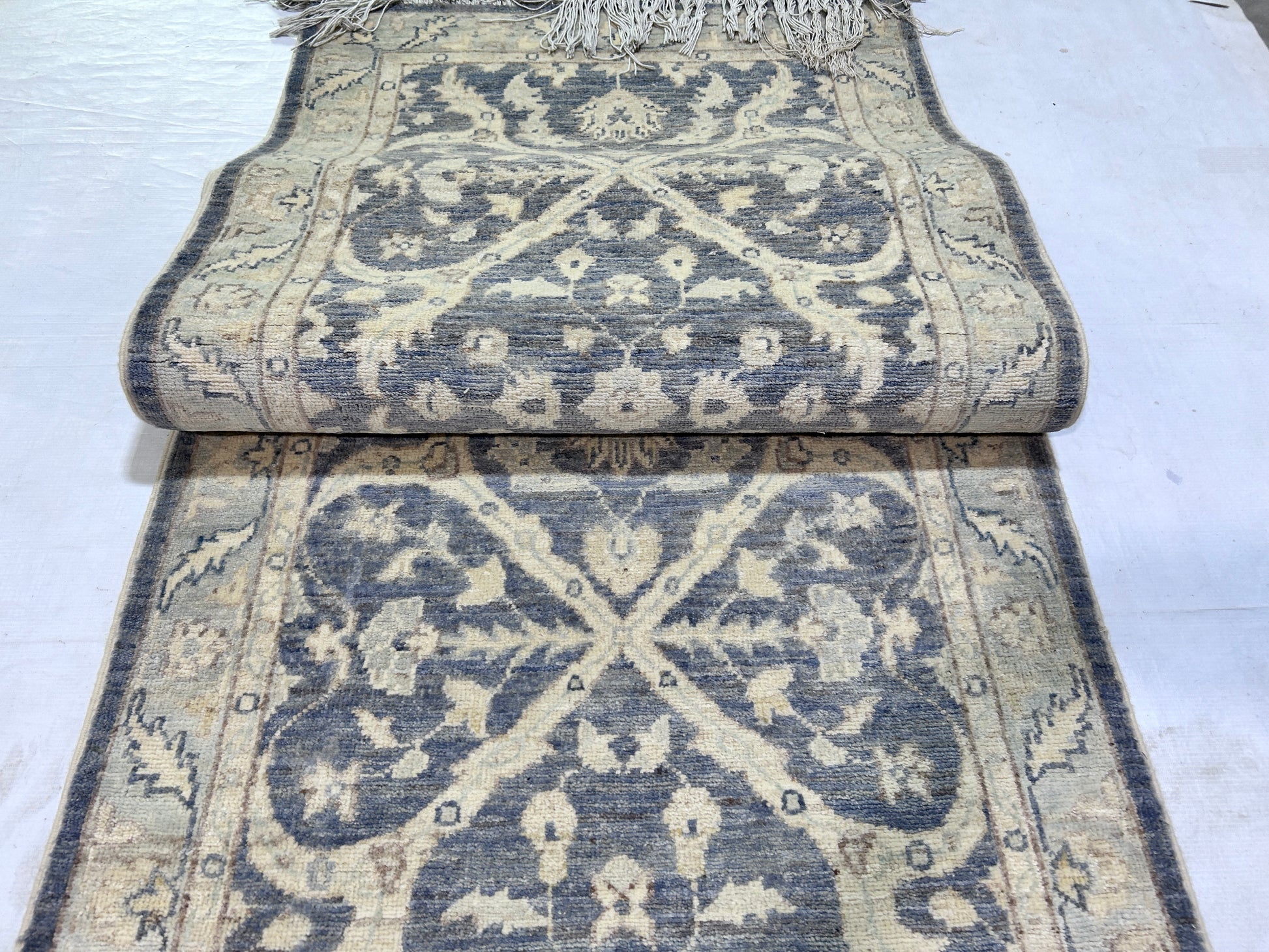 grey & sky blue premium handwoven pure wool chobrang rug, 2ft 7in x 13ft 3in