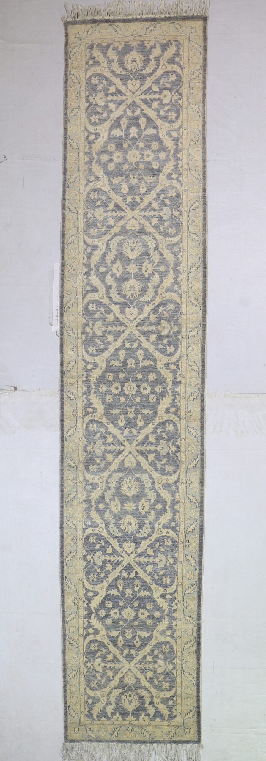 grey & sky blue premium handwoven pure wool chobrang rug, 2ft 7in x 13ft 3in