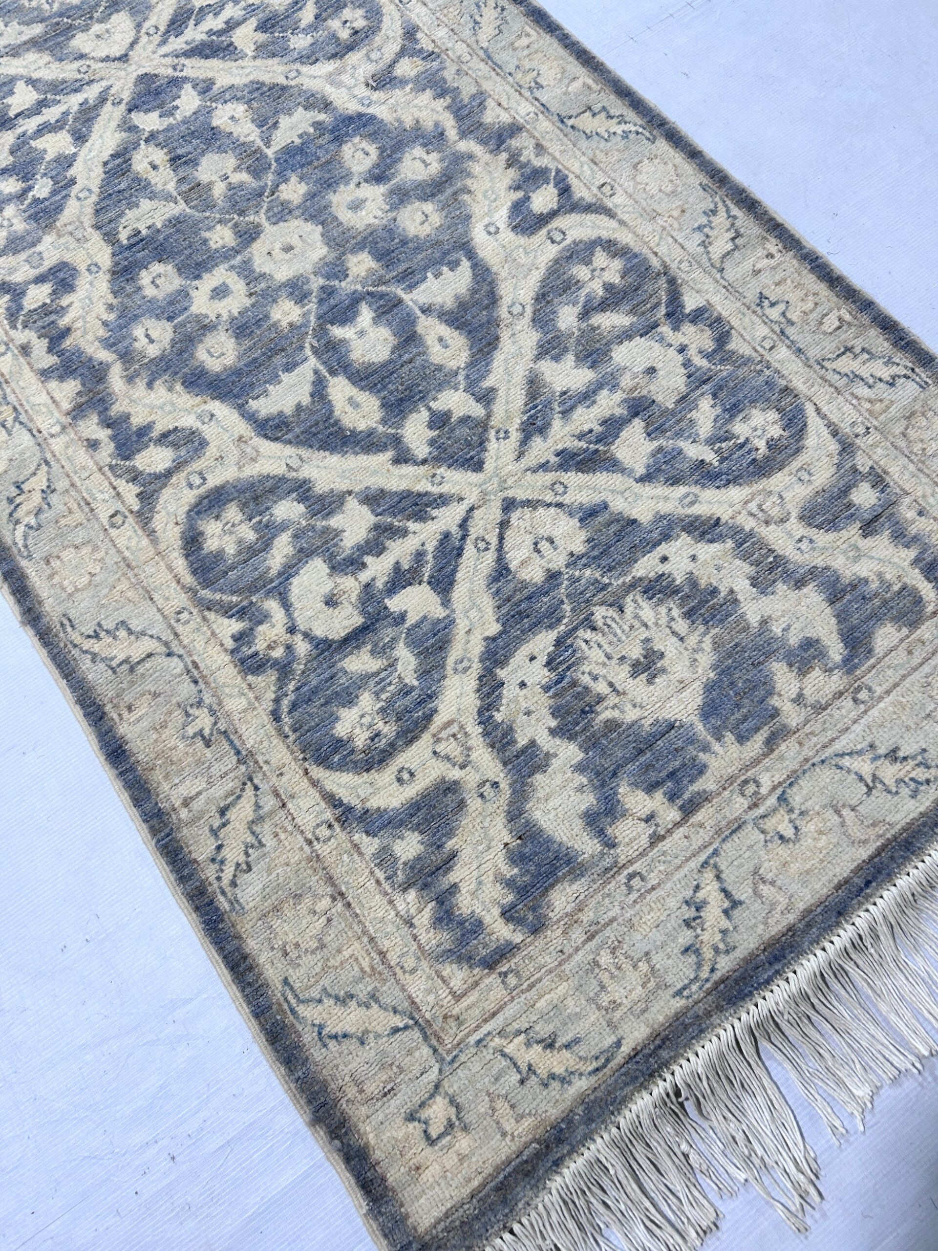 grey & sky blue premium handwoven pure wool chobrang rug, 2ft 7in x 13ft 3in