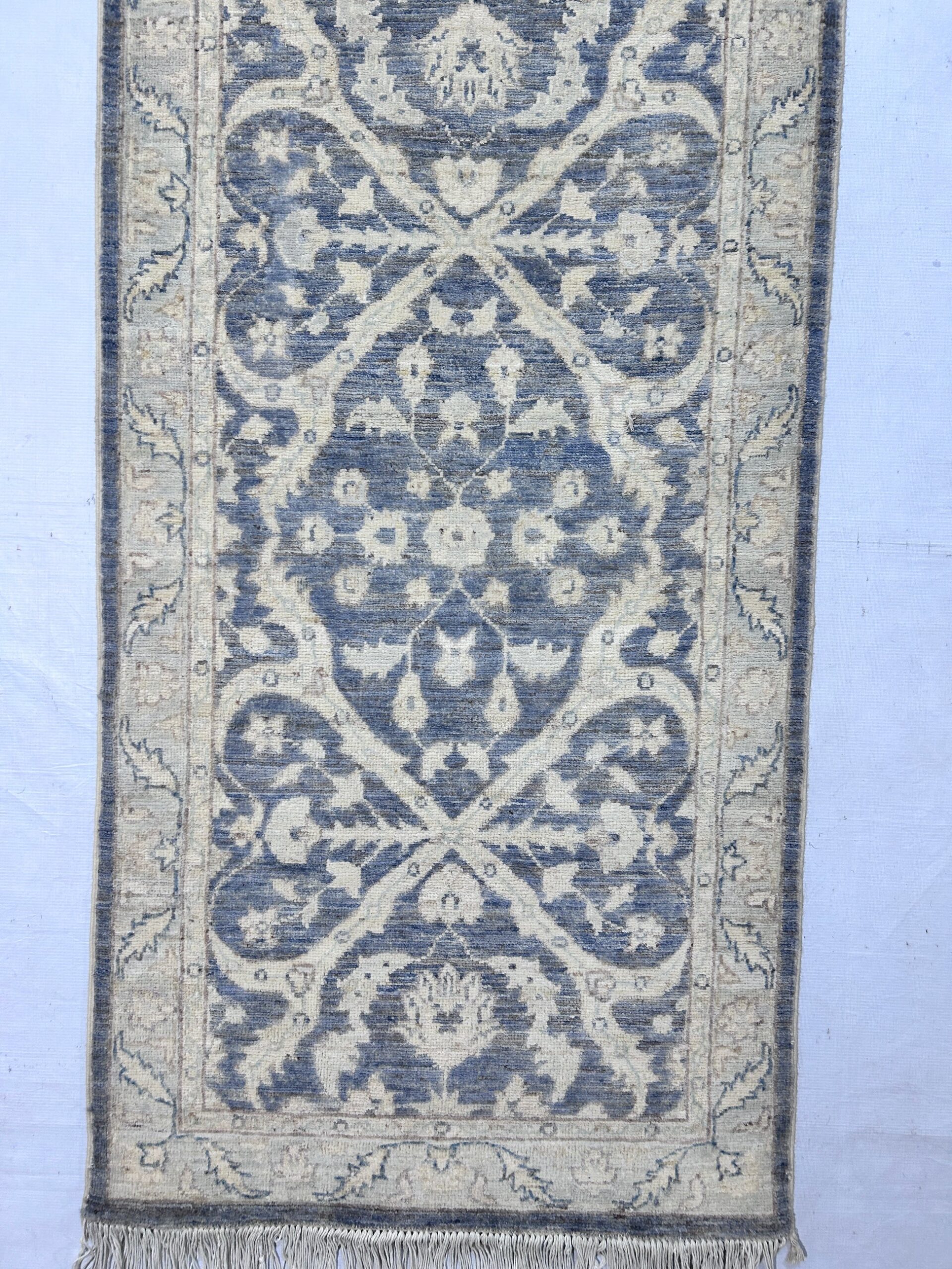 grey & sky blue premium handwoven pure wool chobrang rug, 2ft 7in x 13ft 3in