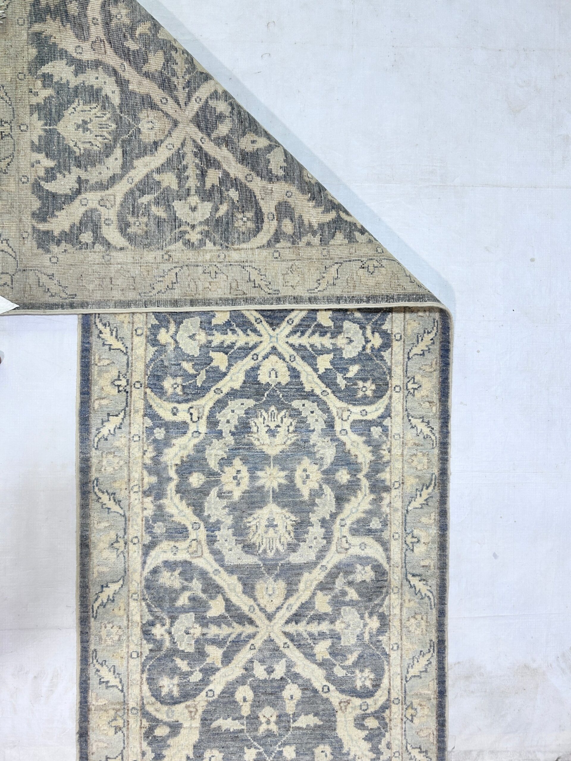 grey & sky blue premium handwoven pure wool chobrang rug, 2ft 7in x 13ft 3in