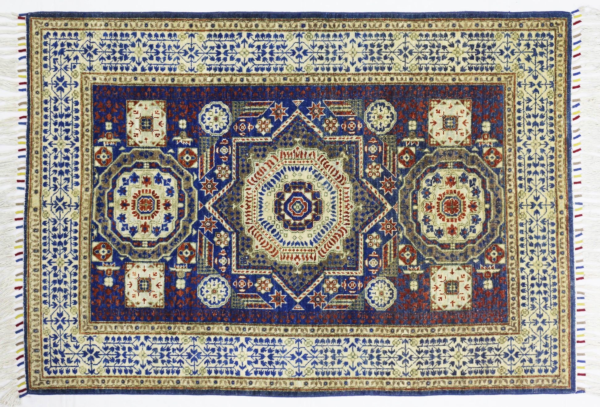 blue & ivory premium handwoven pure wool mamlouk rug, 4ft 1in x 5ft 11in