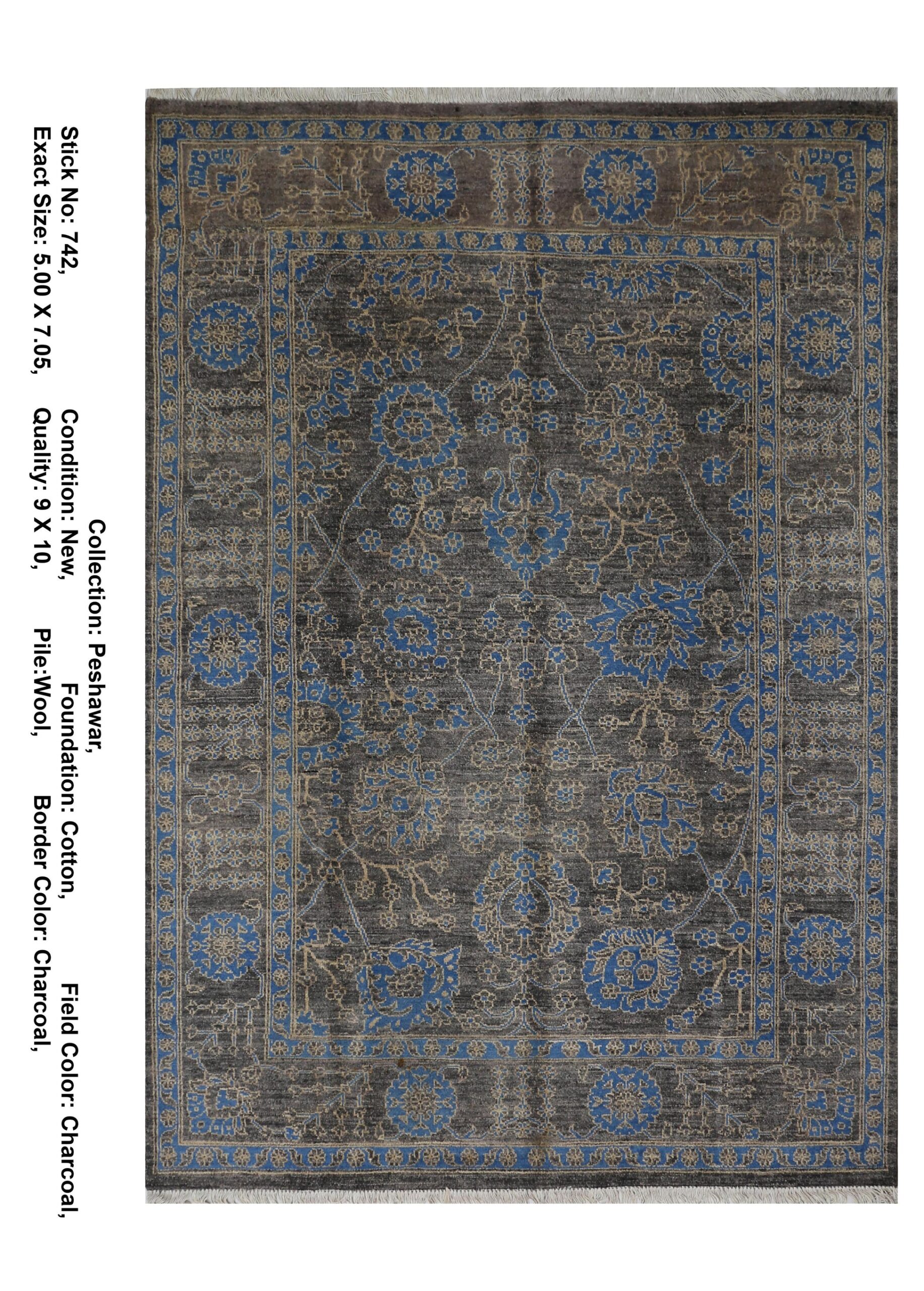 charcoal & blue premium handwoven pure wool chobrang rug, 5ft 0in x 7ft 5in