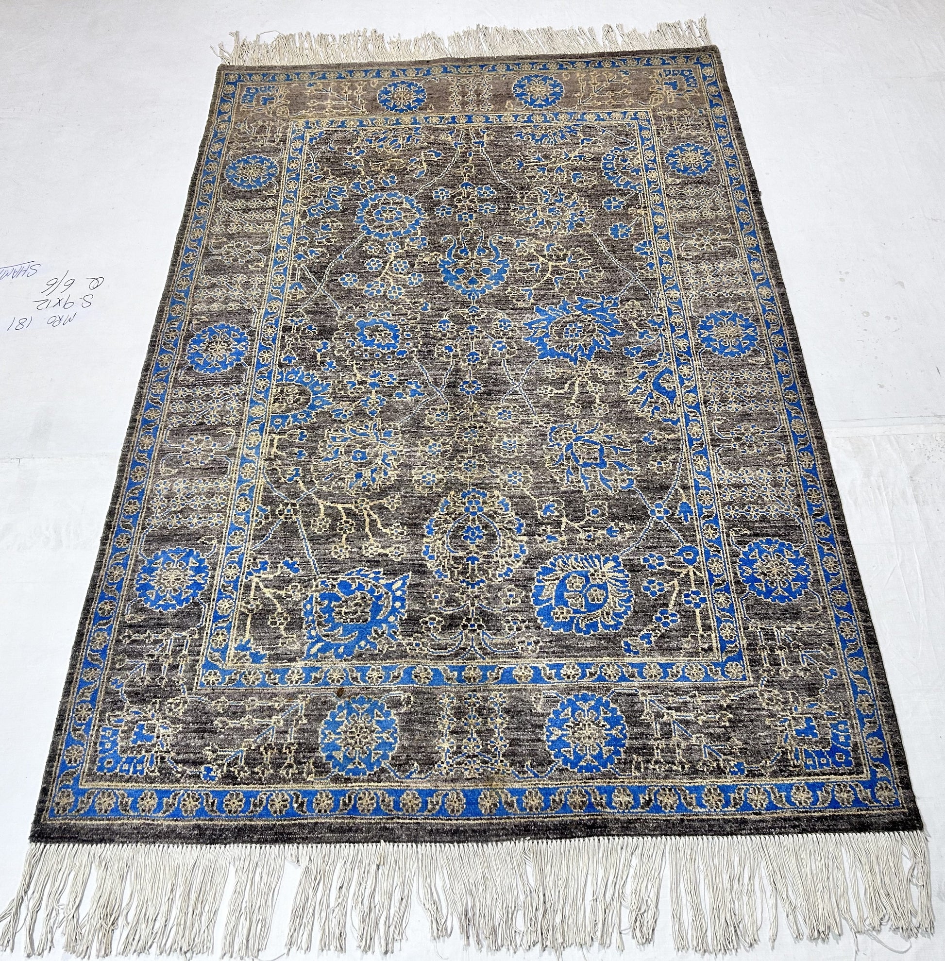 charcoal & blue premium handwoven pure wool chobrang rug, 5ft 0in x 7ft 5in