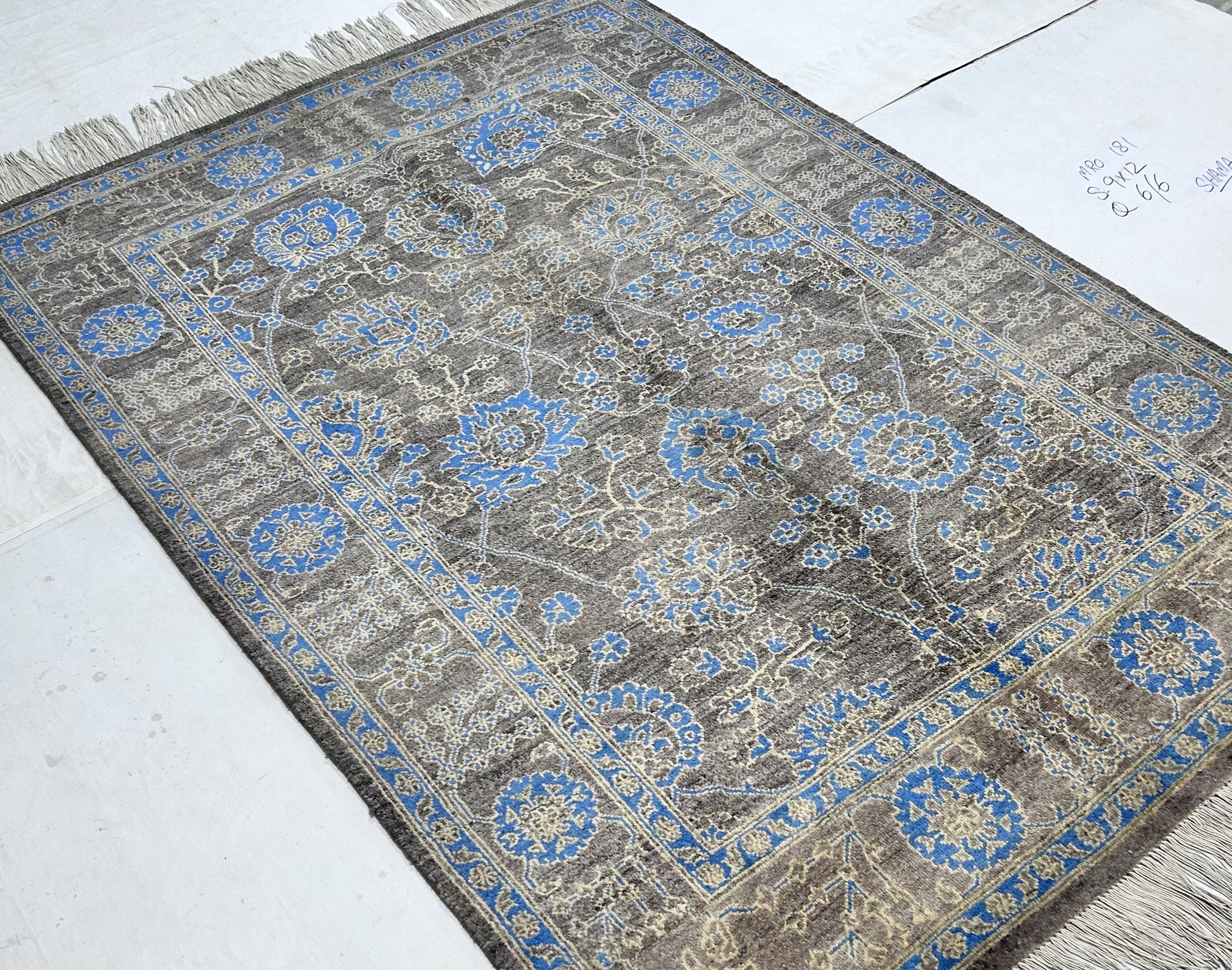 charcoal & blue premium handwoven pure wool chobrang rug, 5ft 0in x 7ft 5in