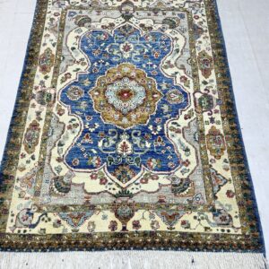 blue & ivory premium handwoven pure wool chobrang rug, 3ft 3in x 4ft 8in