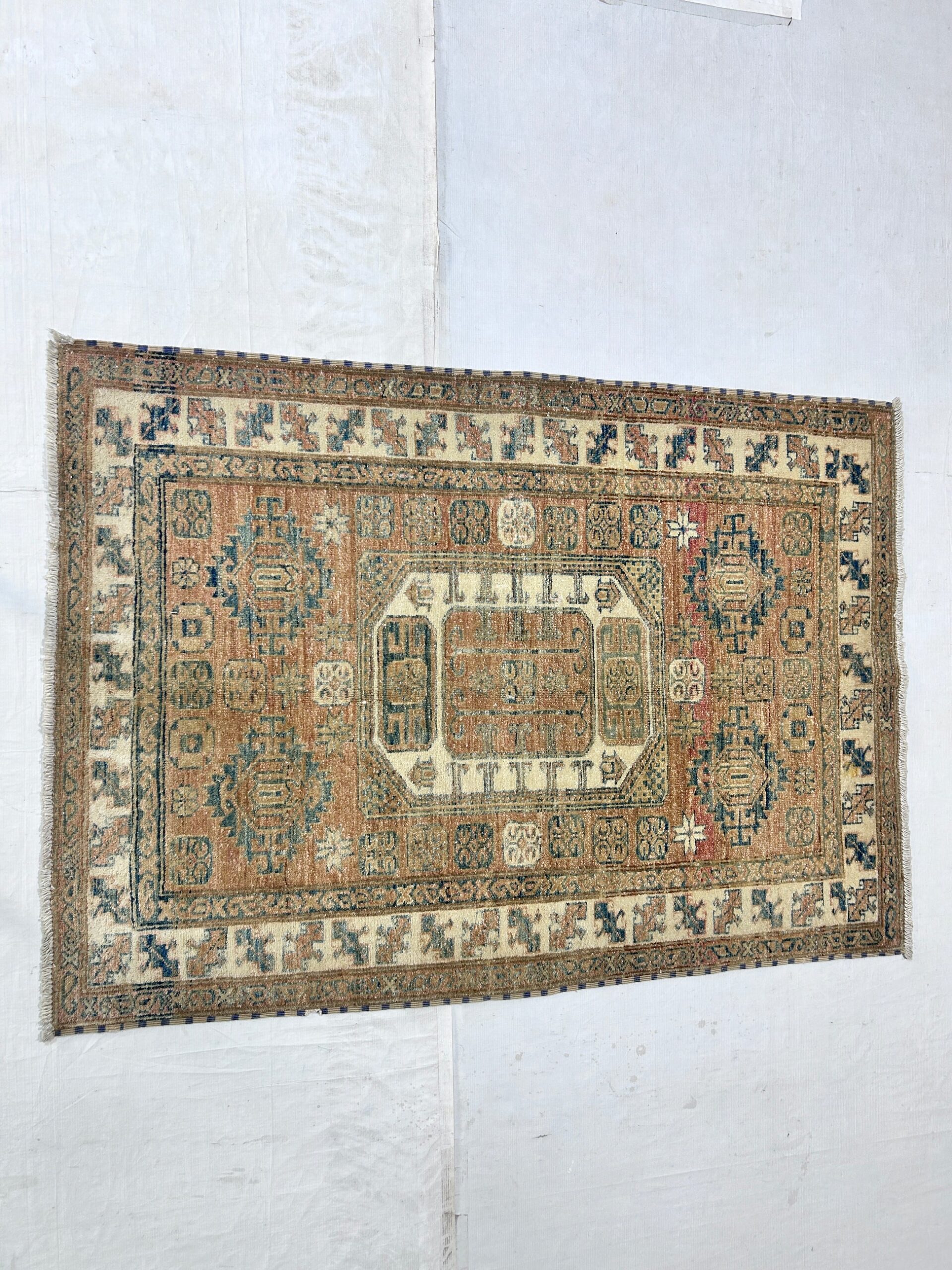rust & ivory premium handwoven pure wool super kazak rug, 3ft 4in x 4ft 9in
