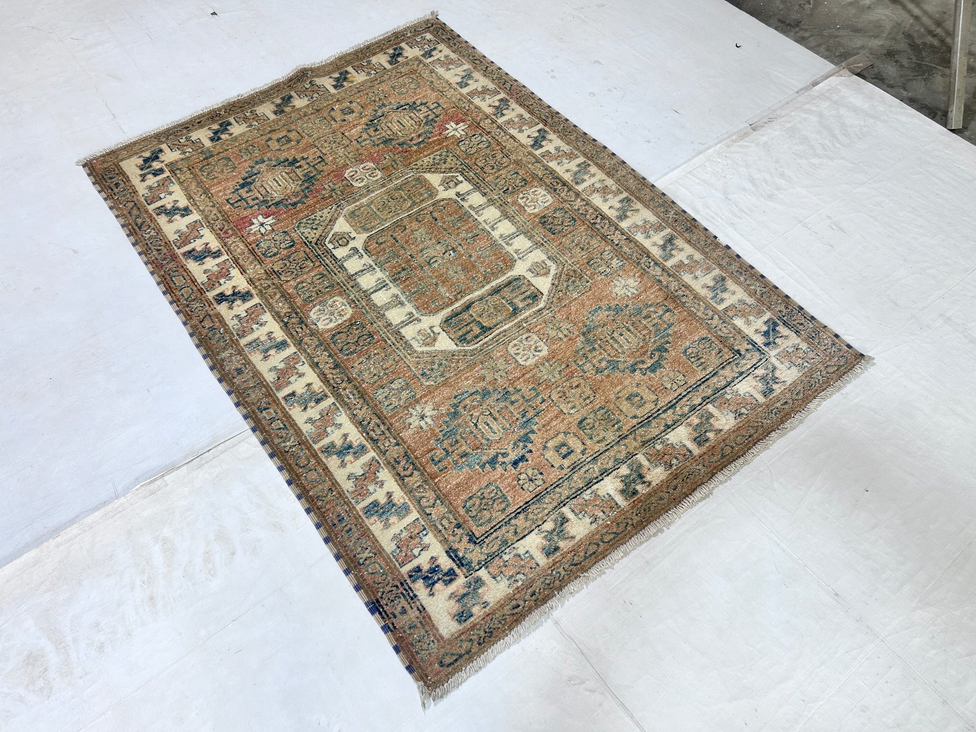 rust & ivory premium handwoven pure wool super kazak rug, 3ft 4in x 4ft 9in