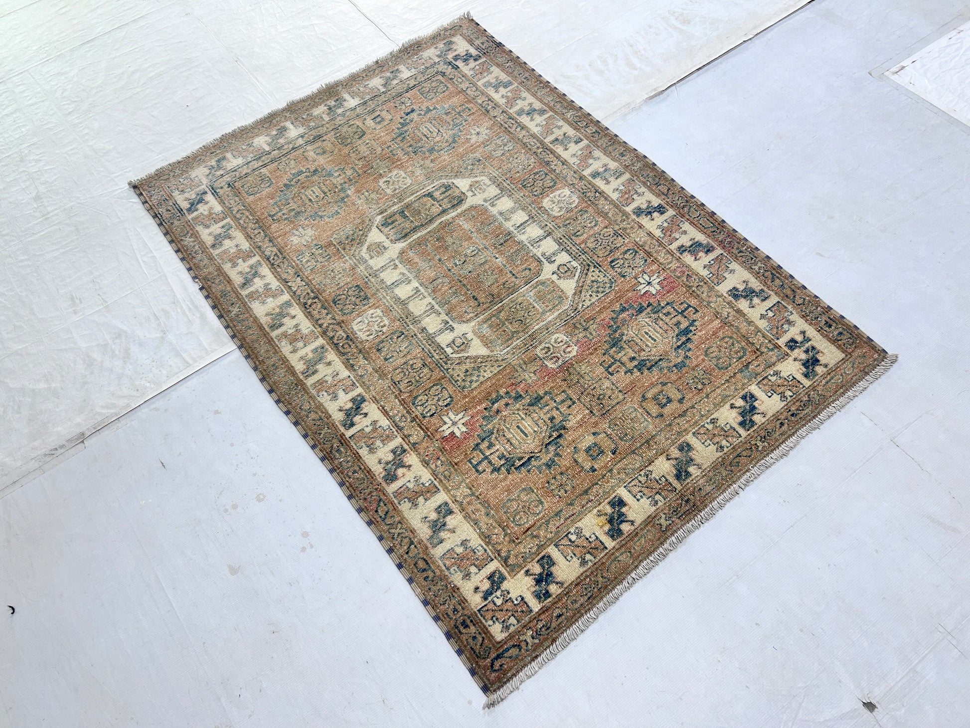 rust & ivory premium handwoven pure wool super kazak rug, 3ft 4in x 4ft 9in