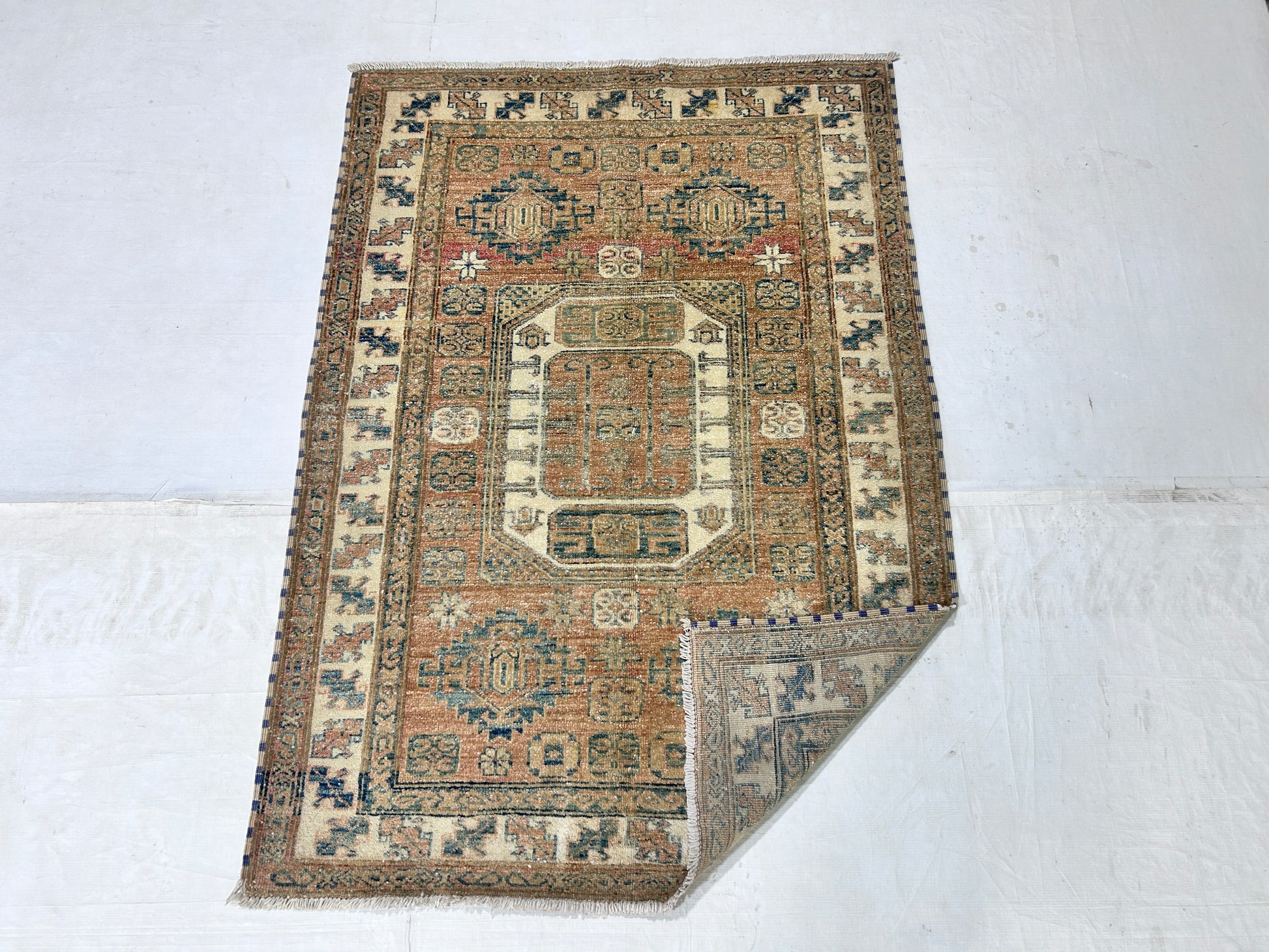 rust & ivory premium handwoven pure wool super kazak rug, 3ft 4in x 4ft 9in