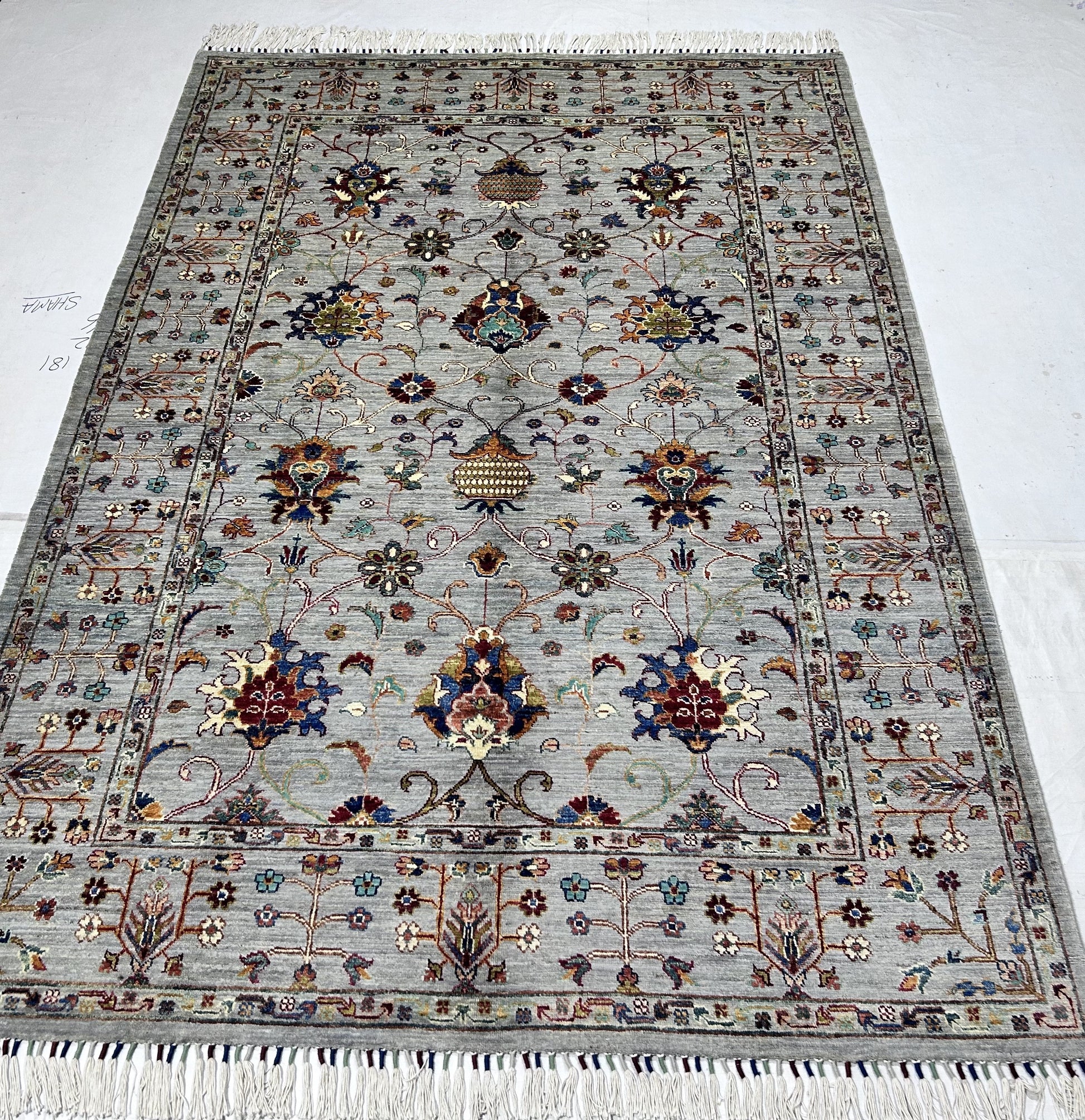 grey & navy blue premium handwoven pure wool sultani rug, 5ft 7in x 8ft 1in