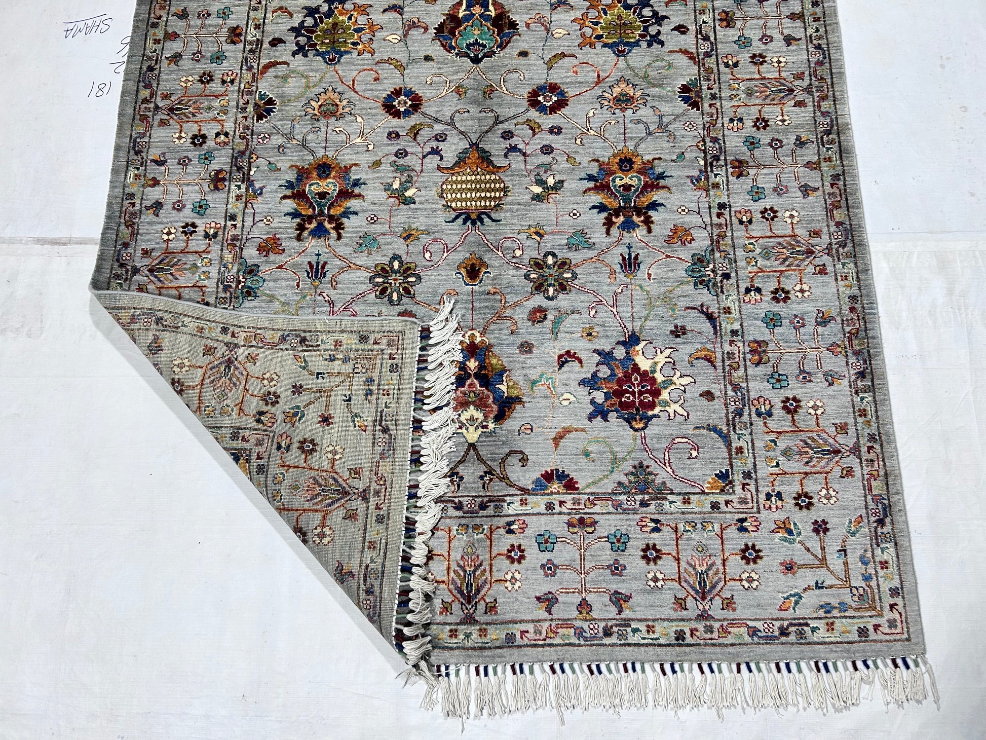 grey & navy blue premium handwoven pure wool sultani rug, 5ft 7in x 8ft 1in