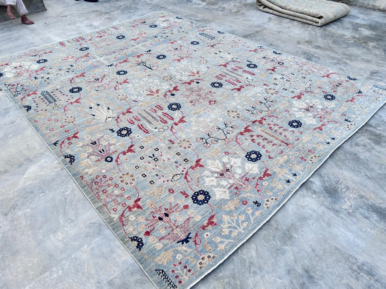 blue & ivory premium handwoven pure wool chobrang rug, 9ft 3in x 12ft 2in
