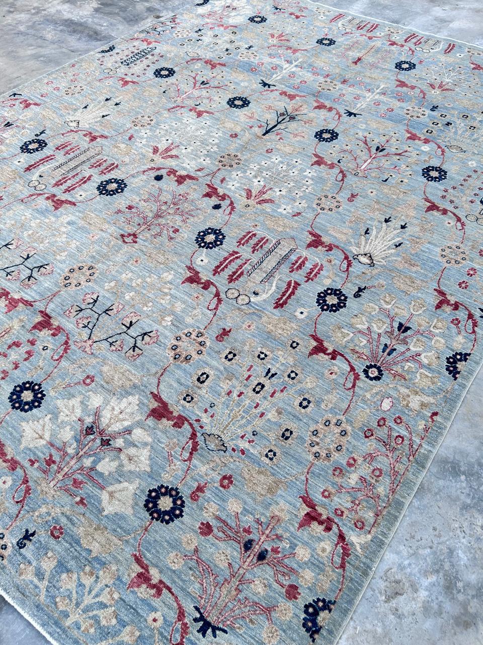 blue & ivory premium handwoven pure wool chobrang rug, 9ft 3in x 12ft 2in