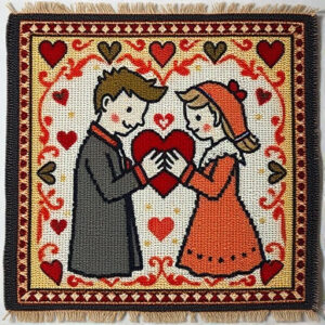 eternal love, hand knotted, personalized rug lovebirds & hearts