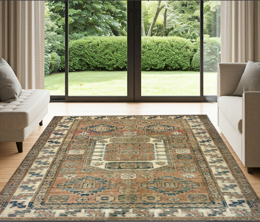 rust & ivory premium handwoven pure wool super kazak rug, 3ft 4in x 4ft 9in